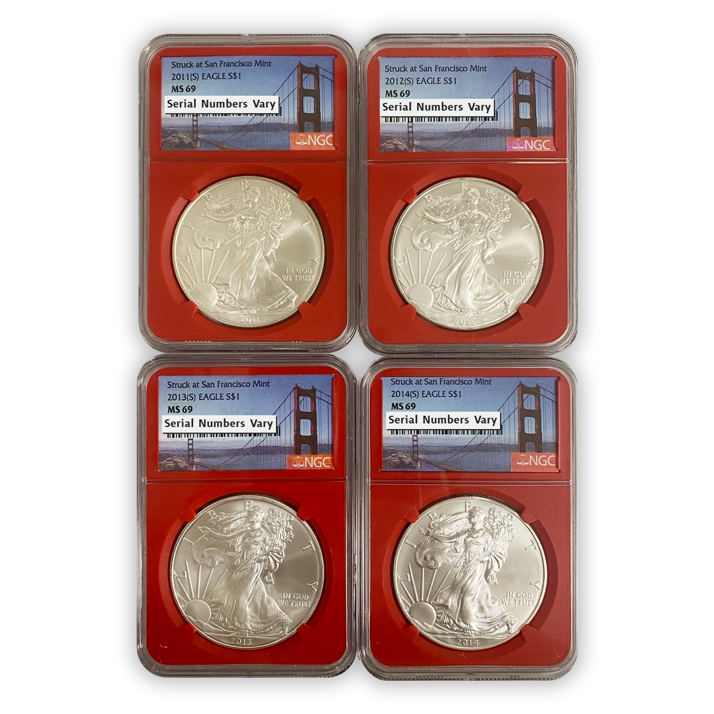 2011 (S) - 2014 (S) Silver Eagle San Francisco Set - Business Strike - NGC MS69 Red Core