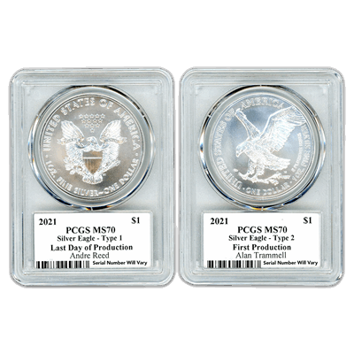 2021 Legends of Life $1 2pc Silver Eagle Set - Andre Reed/Alan Trammell Labels PCGS MS70
