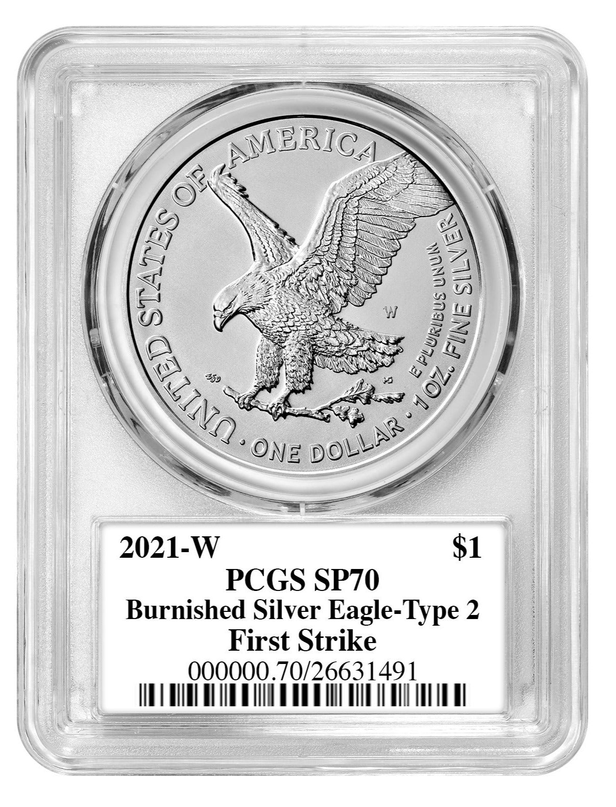2021 Silver Eagle Type 2 - West Point Burnished - PCGS SP70 - First Strike - Emily Damstra Signature Label