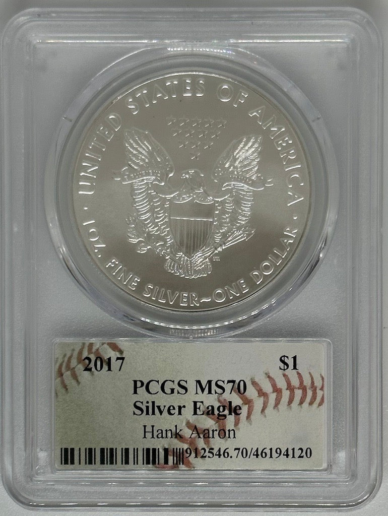 2017 Silver Eagle - PCGS MS70 Hank Aaron Autographed Baseball Label