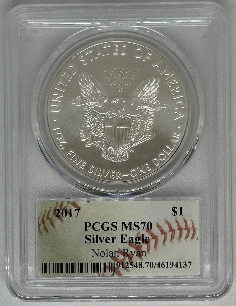 2017 Silver Eagle - PCGS MS70 Nolan Ryan Autographed Baseball Label