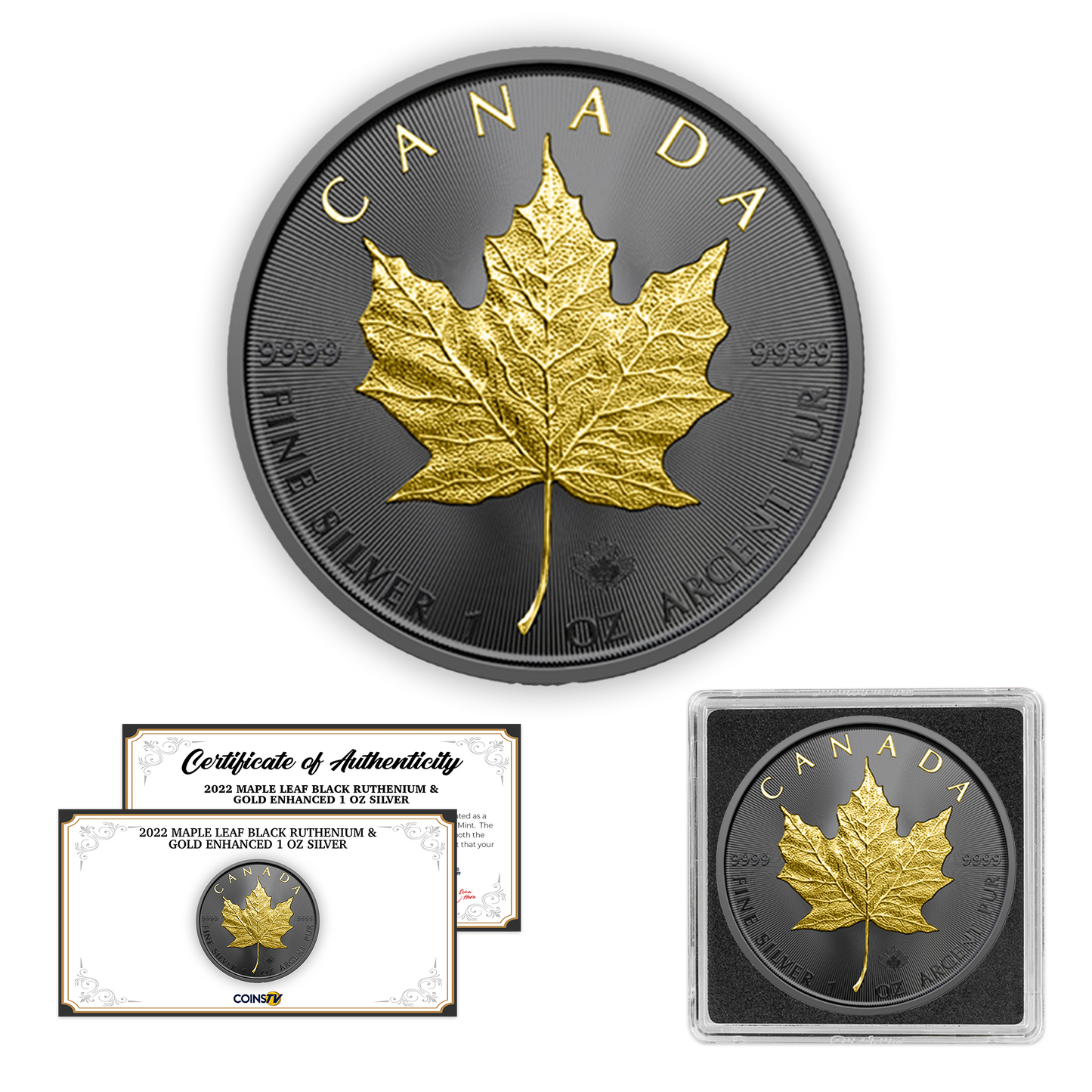 2022 Maple Leaf Black Ruthenium & Gold Enhanced 1 oz Silver