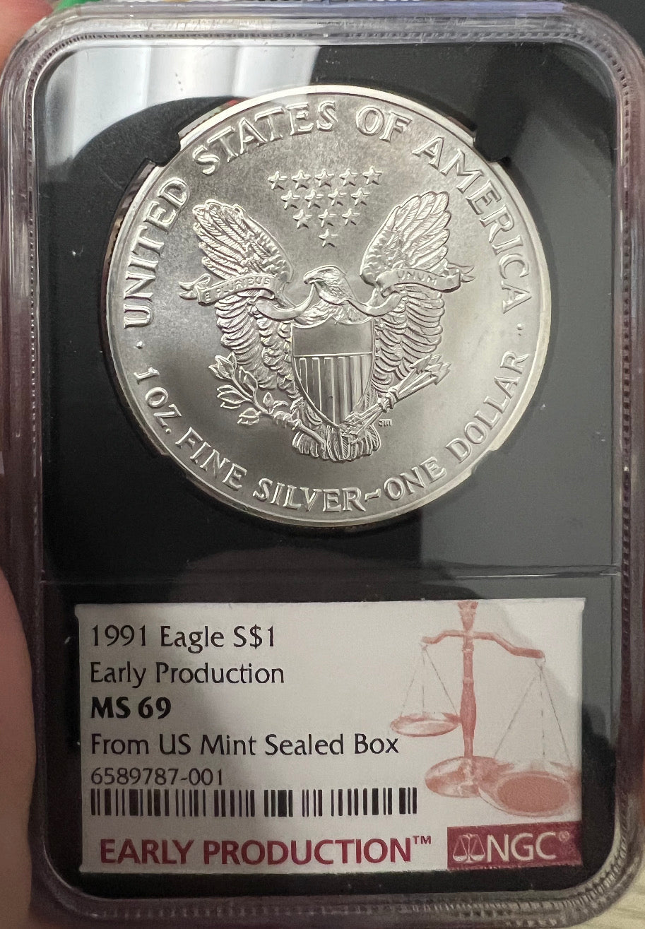 1991 Silver Eagle NGC MS69 Early Release - Cabral Standish Dual Signature Label