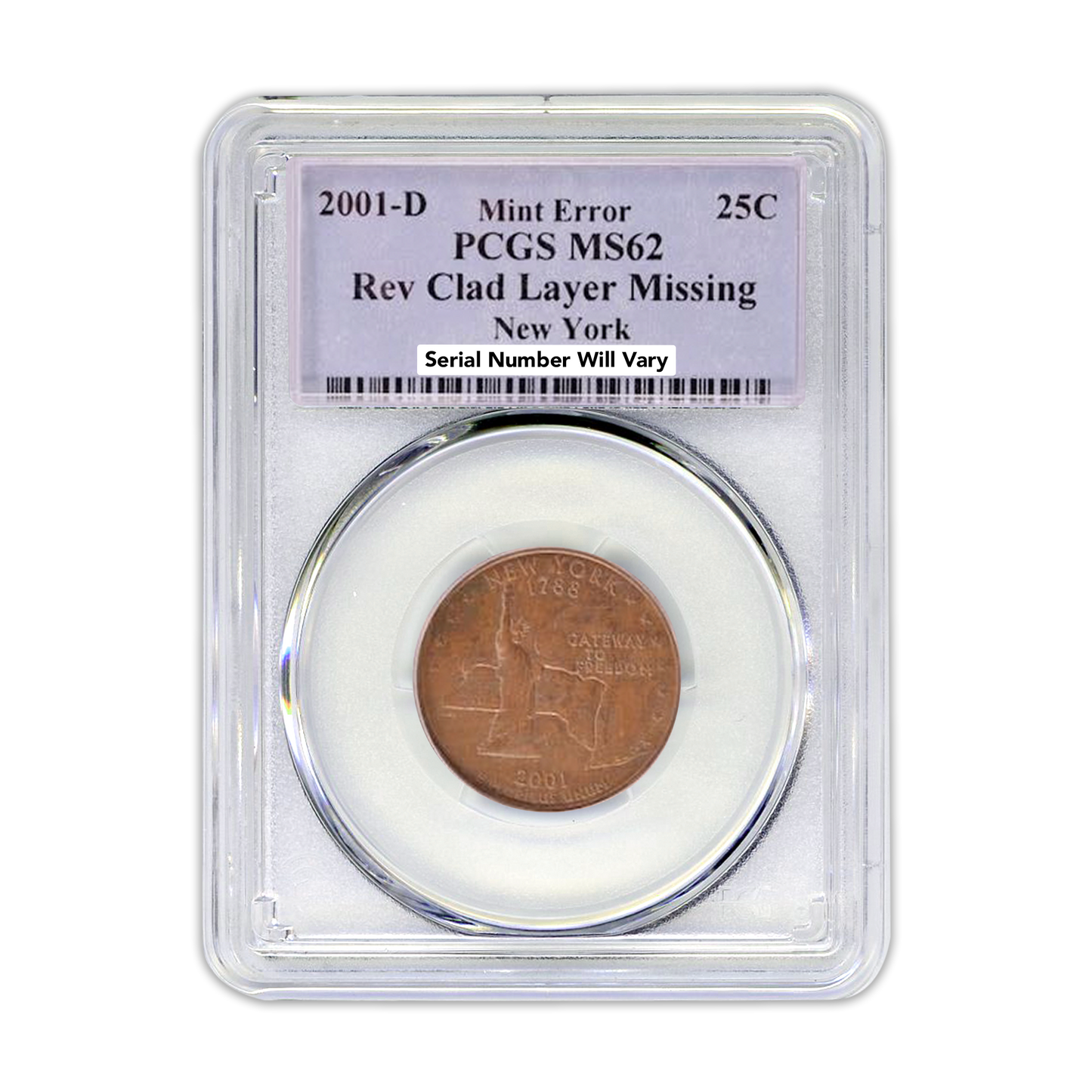 2001 New York Quarter - Reverse Missing Clad Layer - PCGS MS62 RB