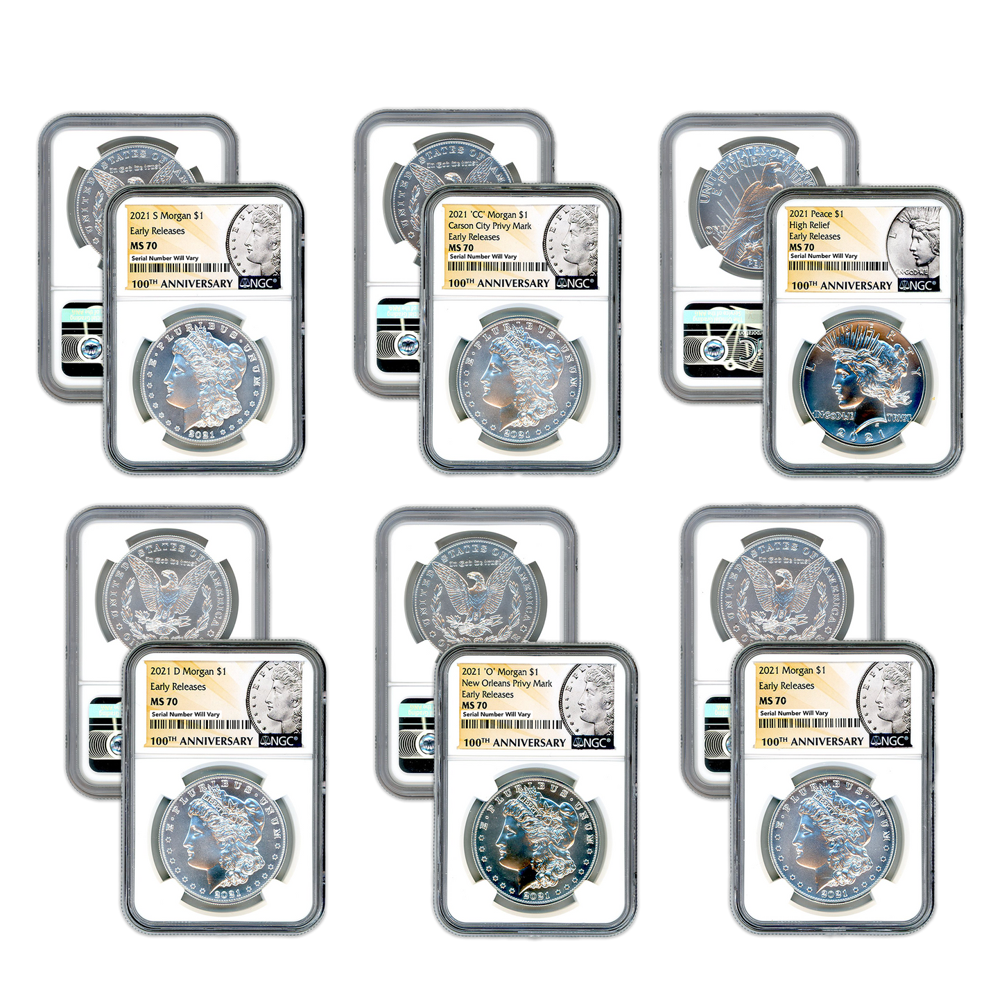 2021 Morgan/Peace Silver Dollar 6pc. Set - Early Release - 100th Anniversary NGC MS70