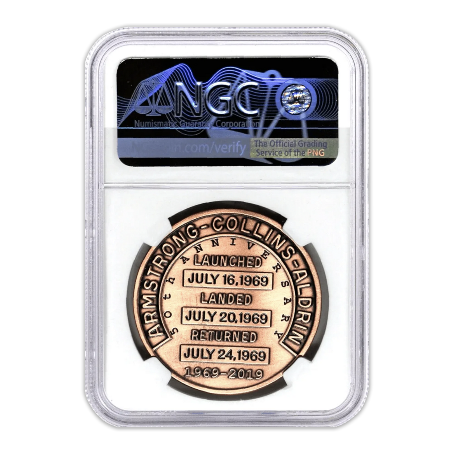2019 1 oz Apollo 11 Robbins Medal Restrike Copper - 50th Anniversary - NGC MS70 First Day of Issue
