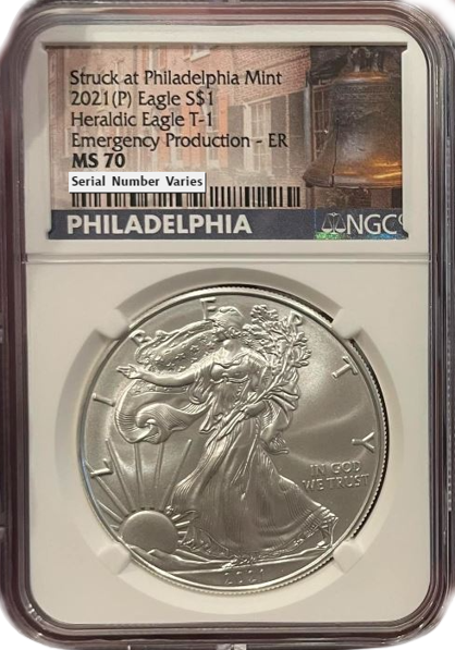 2021(P) Silver Eagle - Business Strike - Type 1 Emergency Production - NGC MS70 Philadelphia Liberty Bell Label-ER