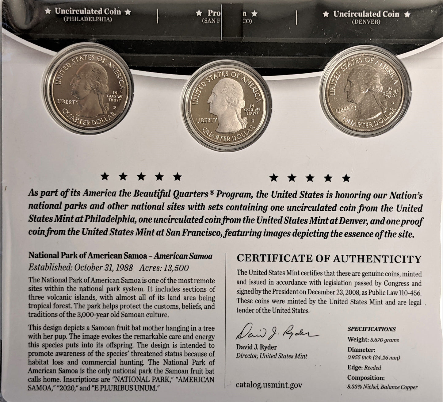 America The Beautiful Quarters - National Park Series American Samoa - Three Coin Set