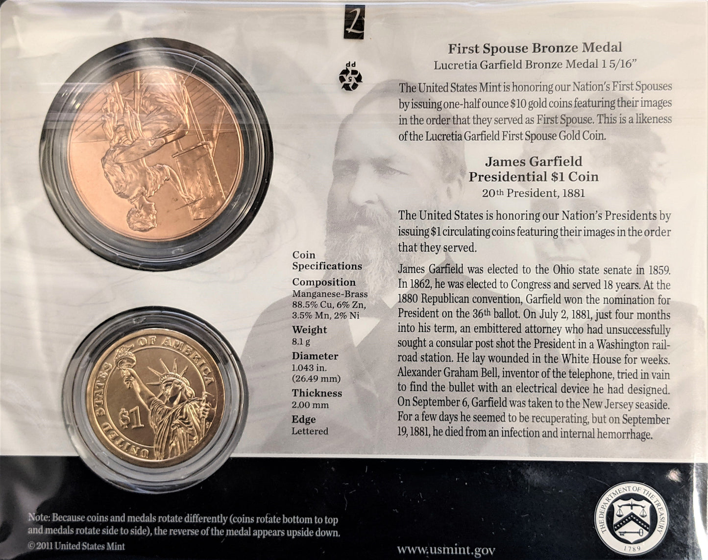 Presidential $1 Coin & First Spouse Bronze Medal Set - James Garfield