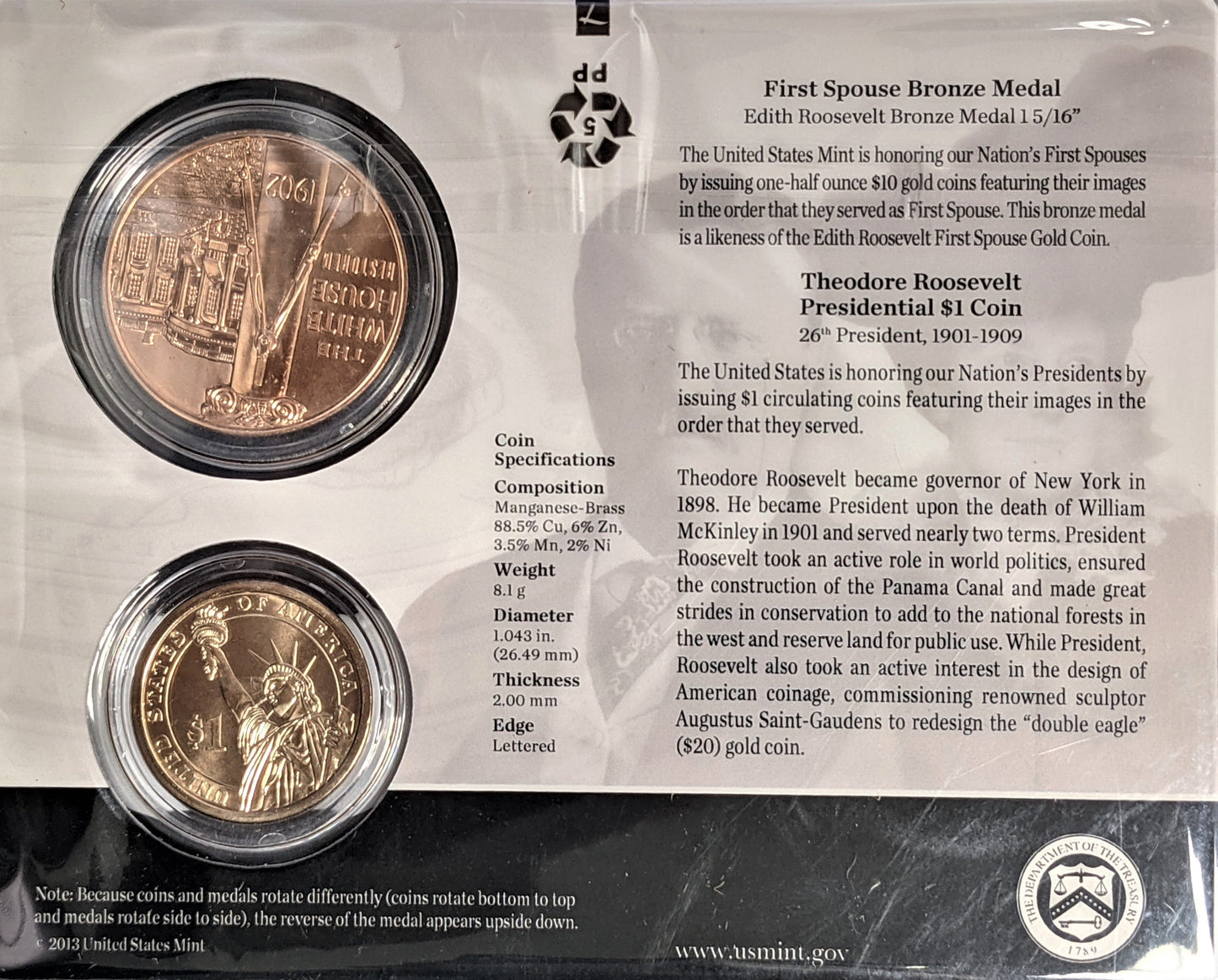 Presidential $1 Coin & First Spouse Bronze Medal Set - Theodore Roosevelt