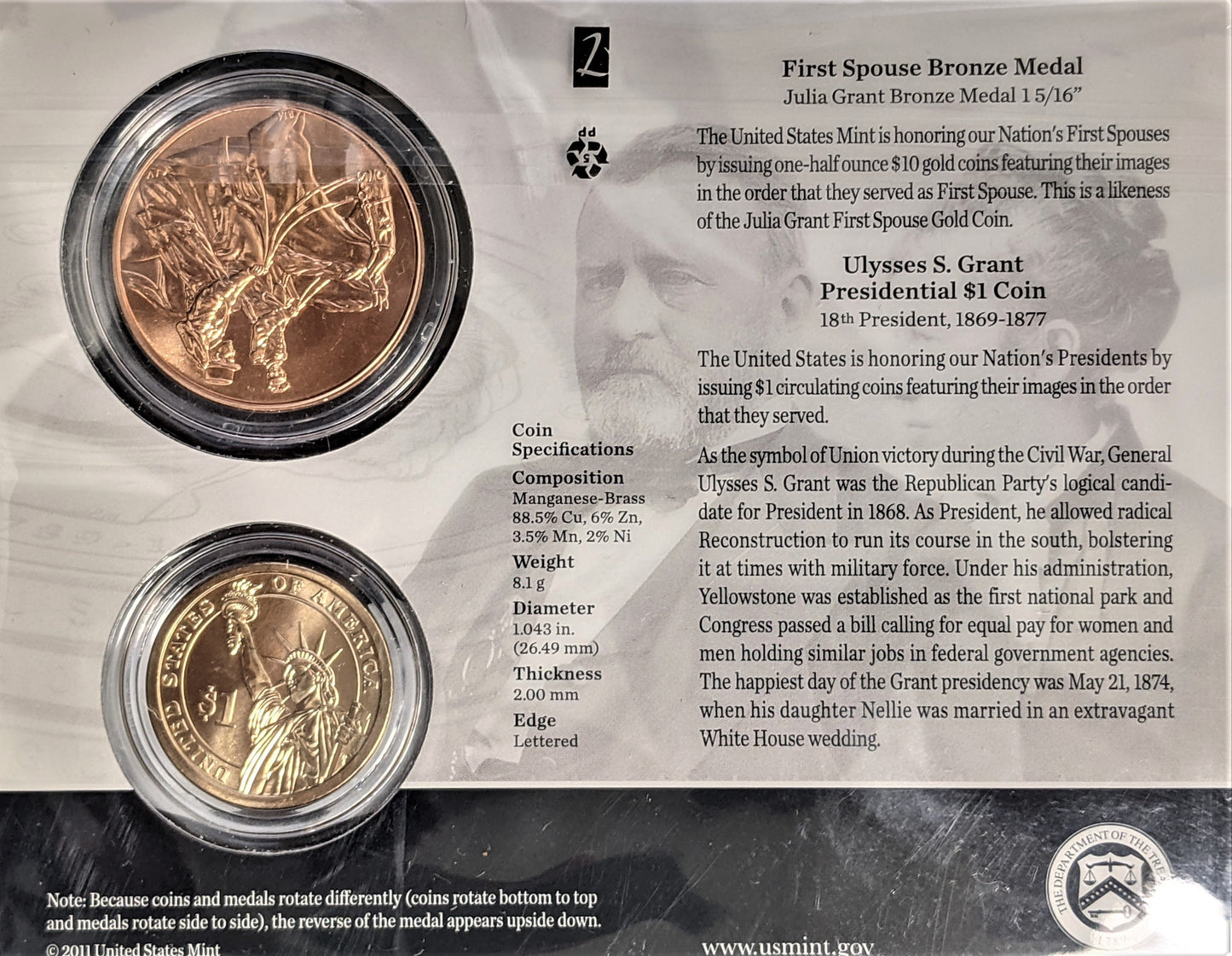 Presidential $1 Coin & First Spouse Bronze Medal Set - Ulysses S Grant