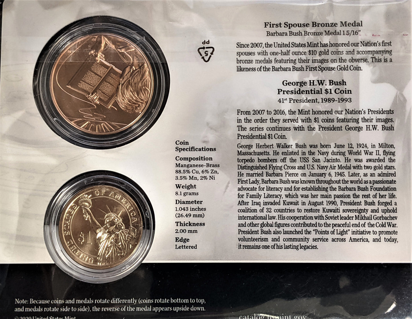 Presidential $1 Coin & First Spouse Bronze Medal Set - George H.W. Bush