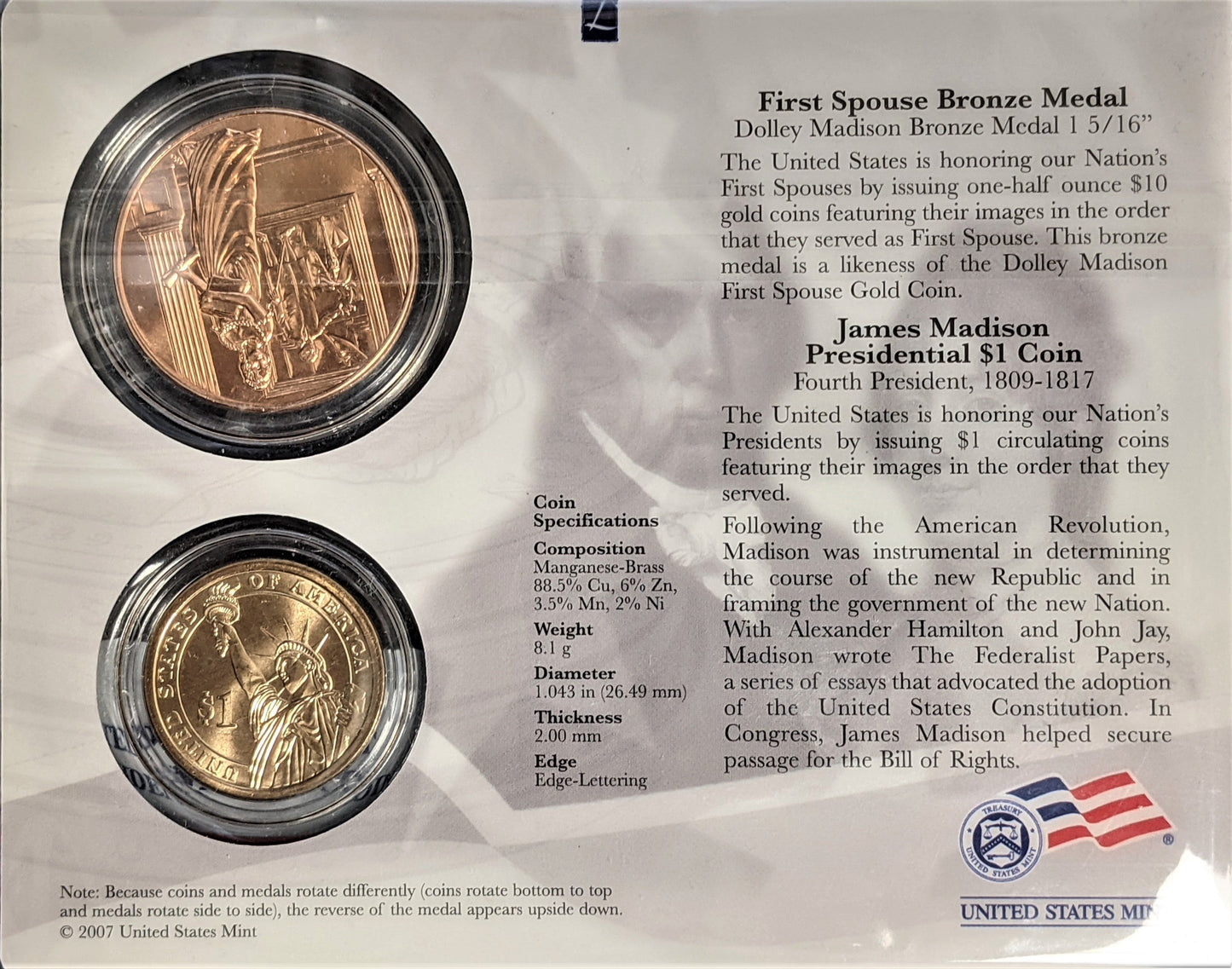 Presidential $1 Coin & First Spouse Bronze Medal Set - James Madison