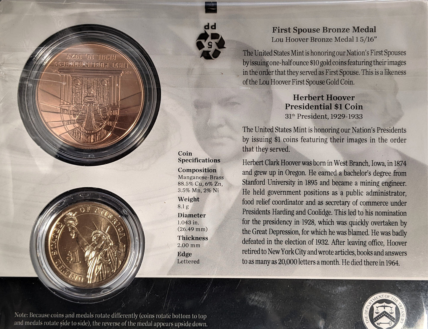 Presidential $1 Coin & First Spouse Bronze Medal Set - Herbert Hoover