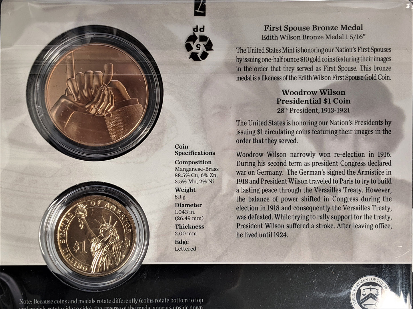Presidential $1 Coin & First Spouse Bronze Medal Set - Woodrow Wilson - Edith Wilson