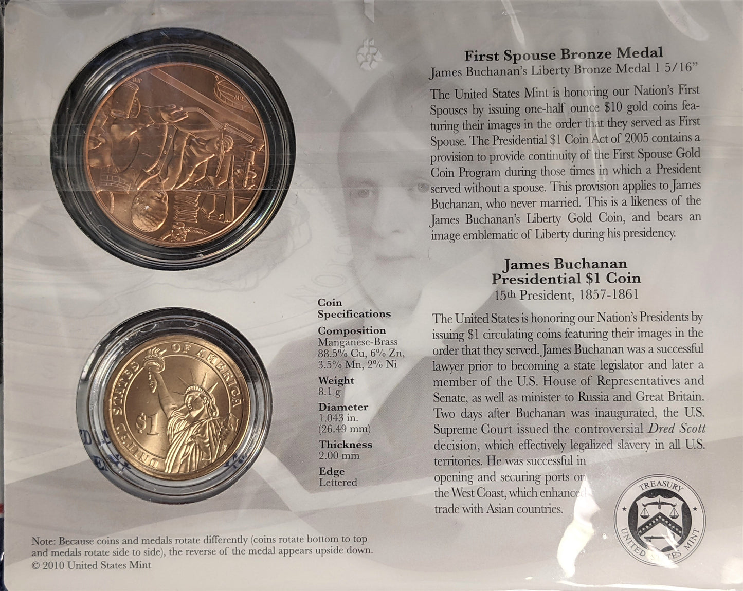 Presidential $1 Coin & First Spouse Bronze Medal Set - James Buchanan