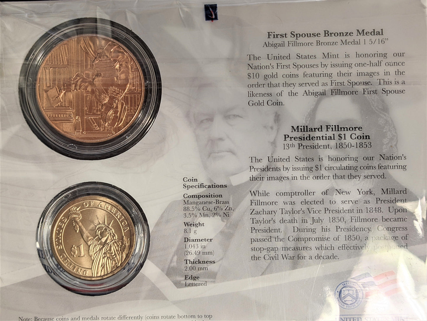 Presidential $1 Coin & First Spouse Bronze Medal Set - Millard Fillmore