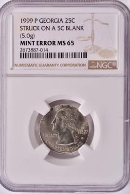 1999 P Georgia Quarter Struck on Nickel Planchet Error - NGC MS65