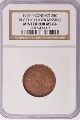 1999 Connecticut Quarter Dollar Denver - Missing Clad Layer - NGC MS64 RB