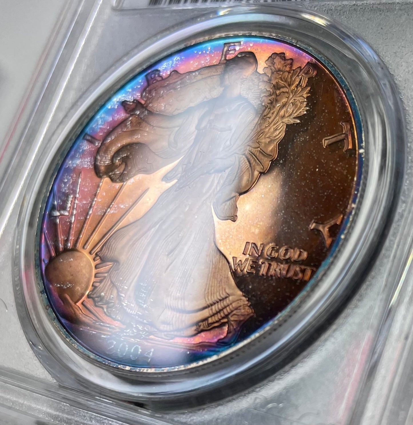 2004 Silver Eagle Proof - PCGS PF66 DCAM - Deep Rainbow Toned