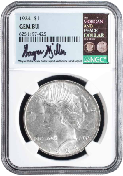 1924 Peace Silver Dollar Philadelphia - Wayne Miller Signature Label Gem Brilliant Uncirculated