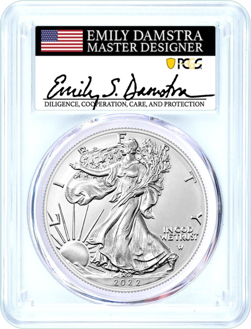 2022 Silver Eagle Type 2 - West Point Burnished - PCGS SP70 - First Day of Issue - Emily Damstra Signature Label