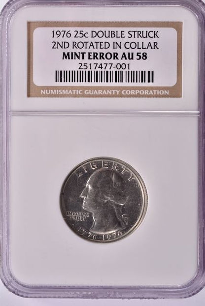 1976 Washington Quarter - Double Struck Rotated in Collar - NGC AU58