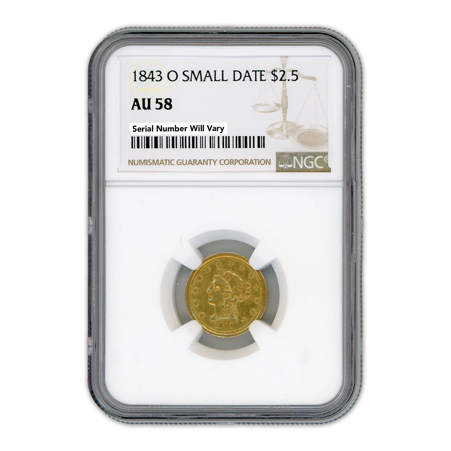 1843 $2.5 Gold Liberty Head - Small Date - NGC AU58