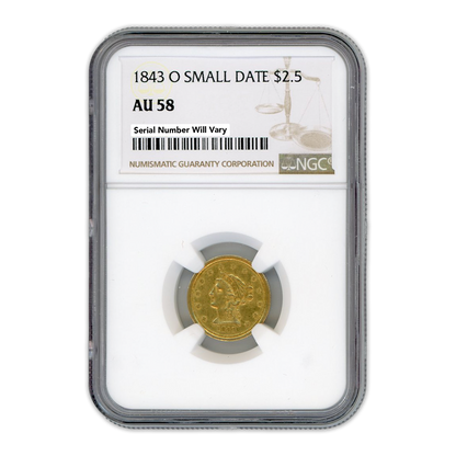 1843 $2.5 Gold Liberty Head - Small Date - NGC AU58