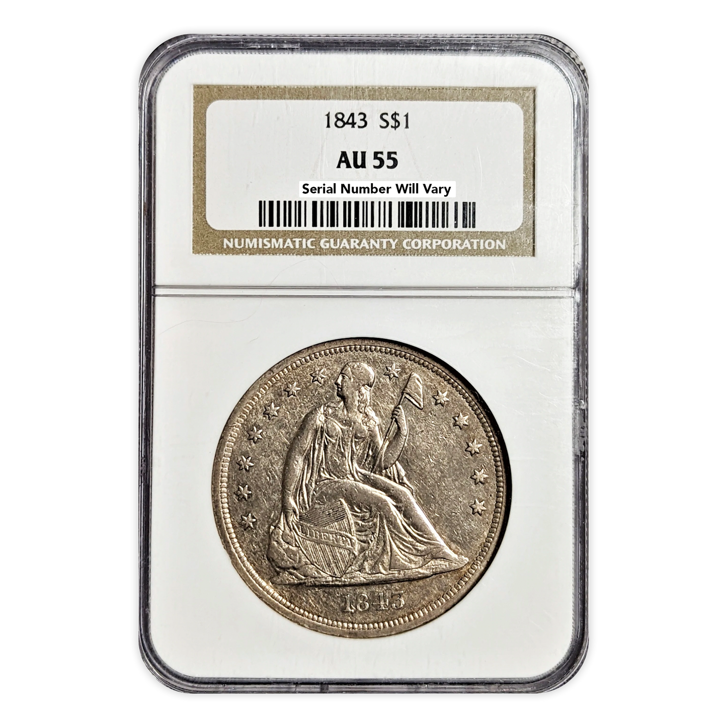 1843 Seated Liberty Dollar NGC AU55 Philadelphia