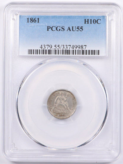 1861 Seated Liberty Half Dime- PCGS AU55
