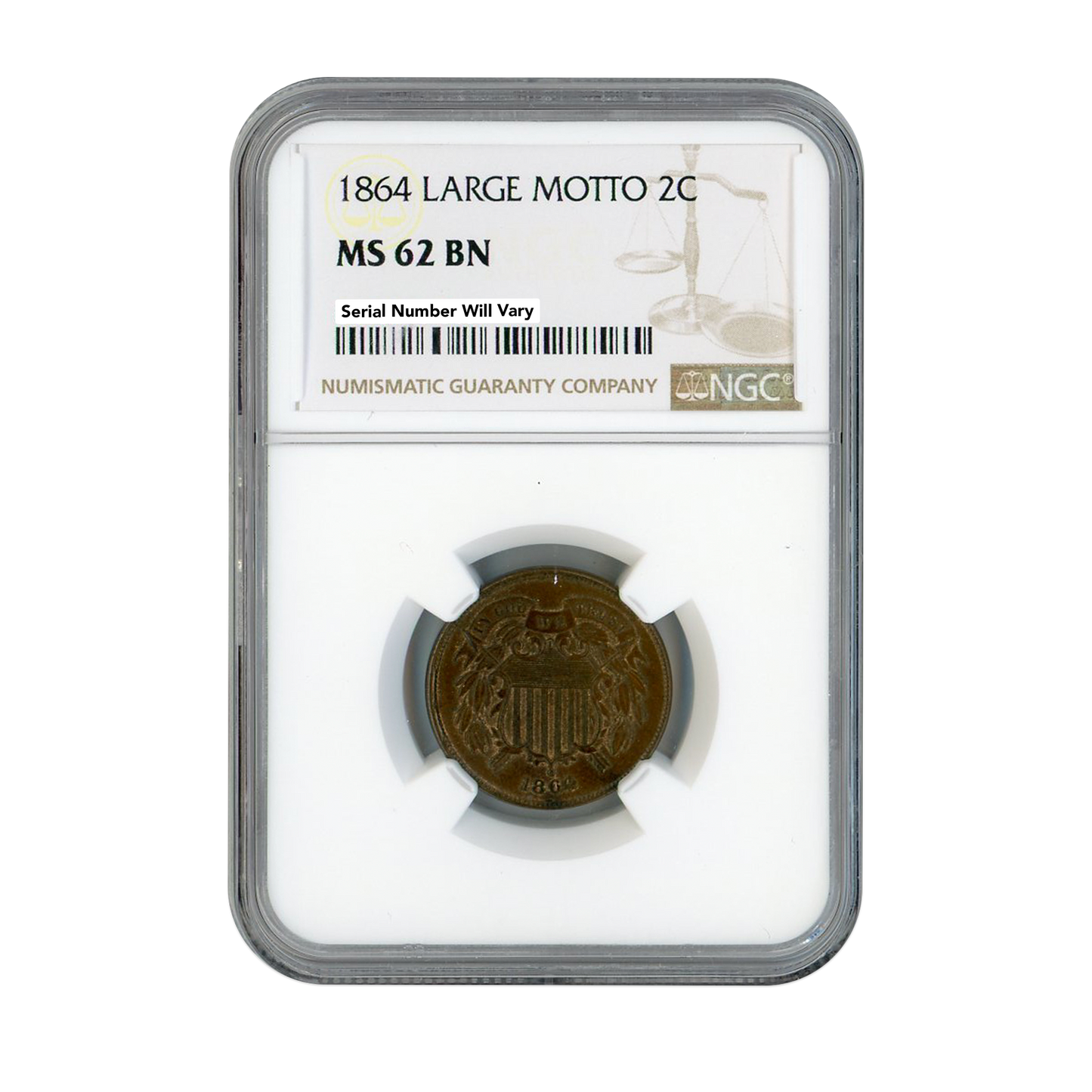1864 Two Cent Piece Large Motto - NGC MS62 BN