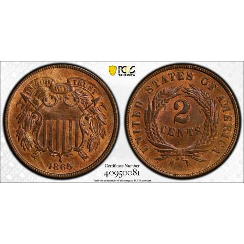 1865 Two Cent Piece Fancy 5 - PCGS MS64 RB