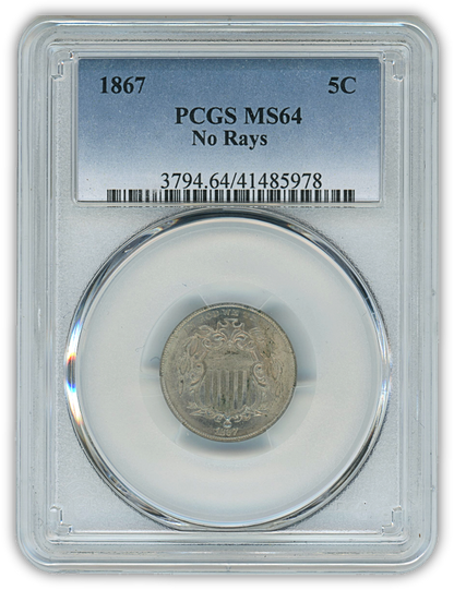 1867 Shield Nickel - No Rays - PCGS MS64