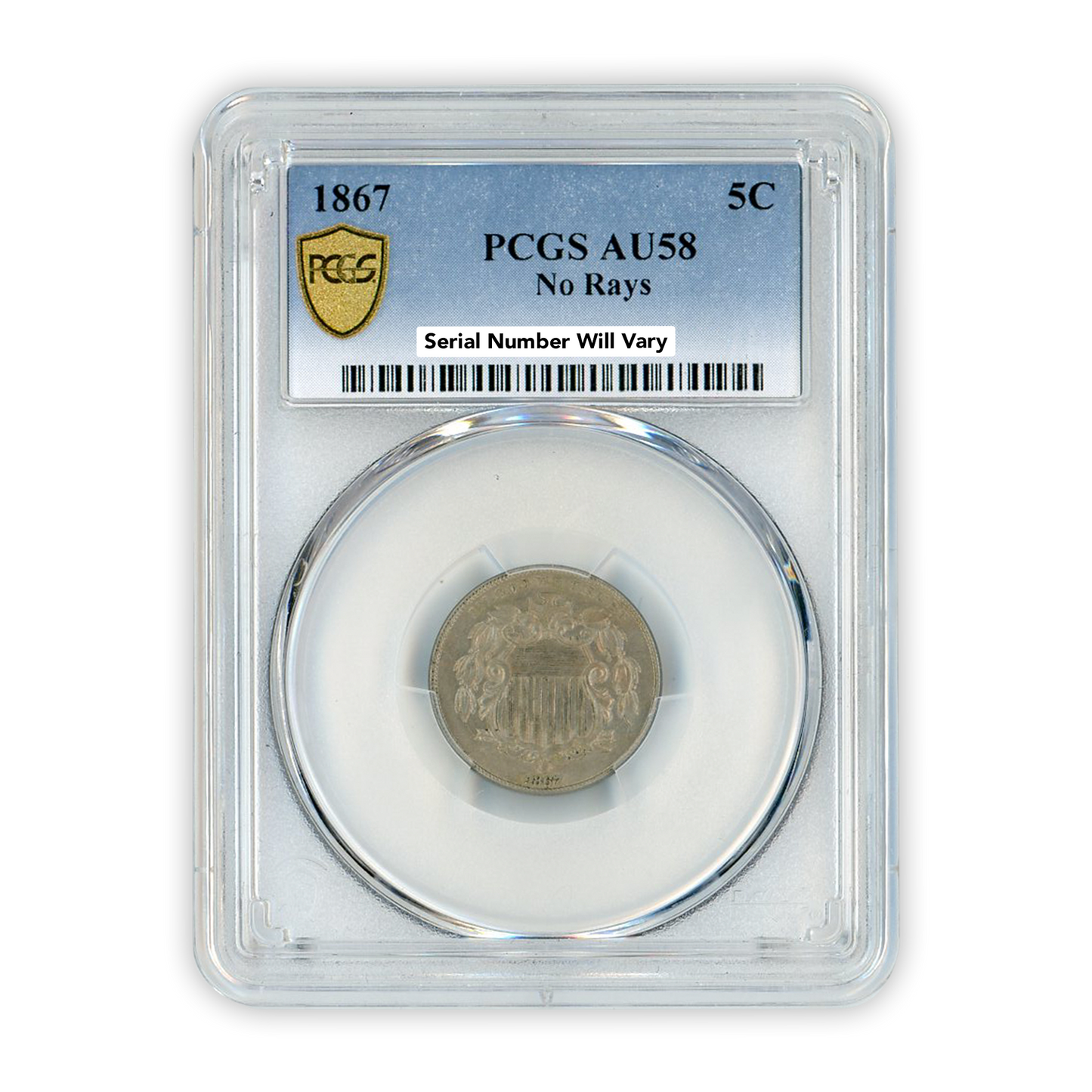 1867 Shield Nickel No Rays - PCGS AU58