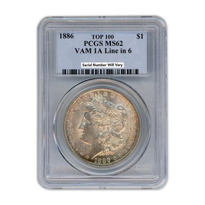 1886 Morgan Silver Dollar Philadelphia - VAM 1A Line in 6 - PCGS MS62
