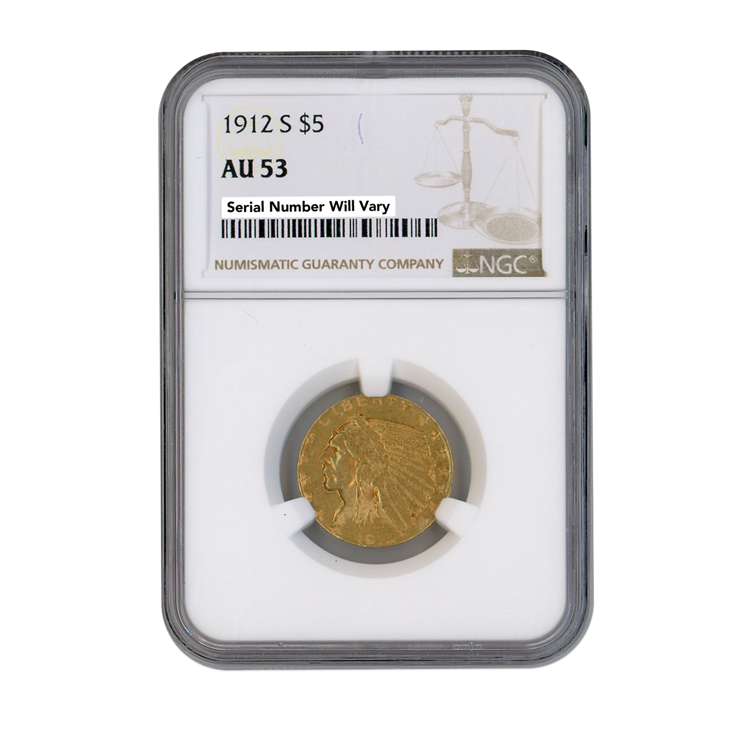 1912 S $5 Indian Gold Half Eagle - NGC AU53