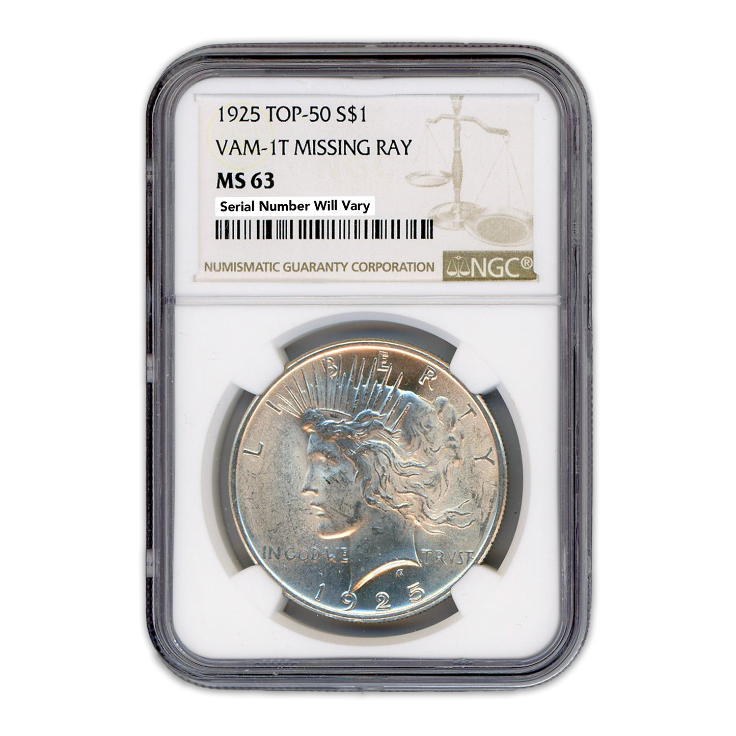 1925  Morgan Silver Dollar Philadelphia - Vam 1T Missing Ray -  NGC MS63