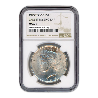 1925  Morgan Silver Dollar Philadelphia - Vam 1T Missing Ray -  NGC MS63