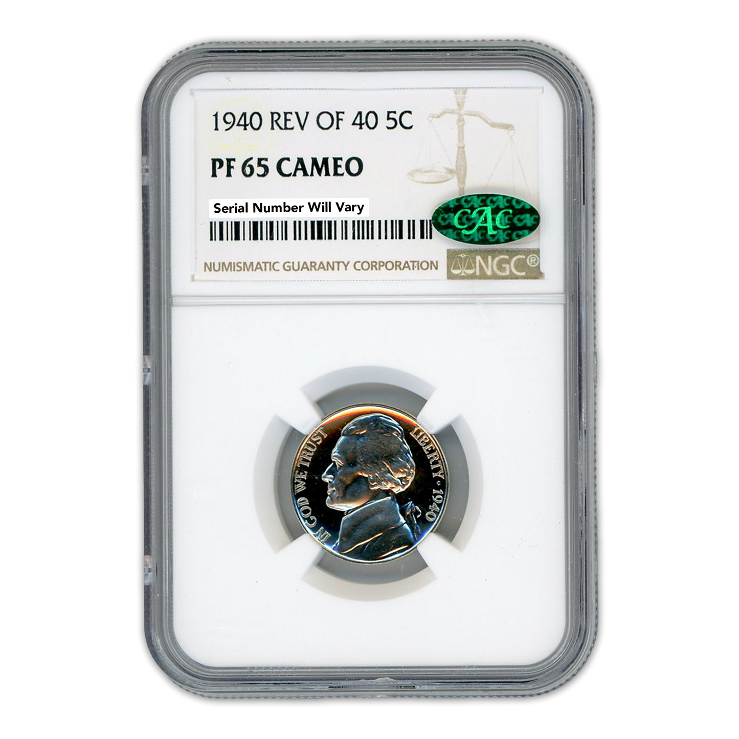 1940 Jefferson Nickel - Reverse of 40 - NGC PF65 Cameo CAC Label