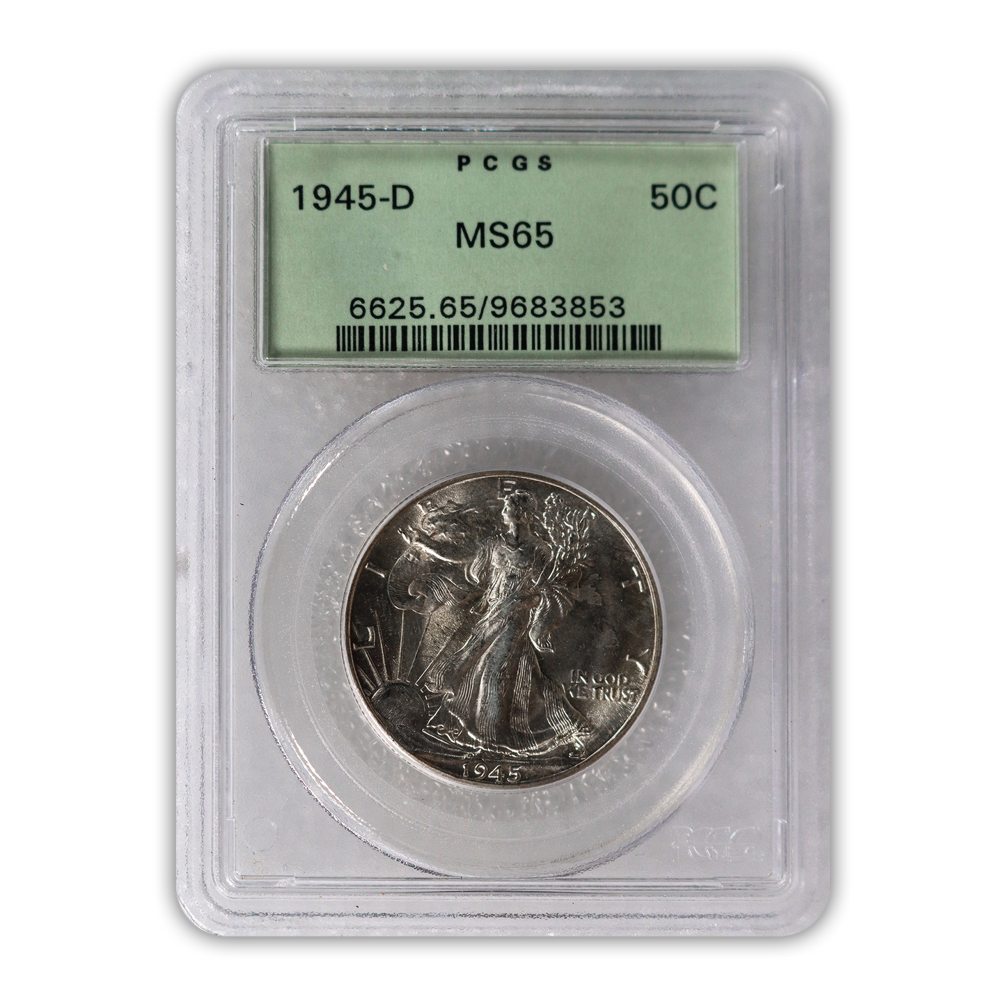 1945 Walking Liberty Silver Half Dollar Denver - PCGS MS65 Green Holder