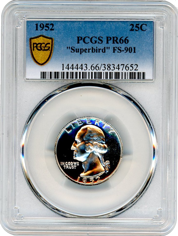 1952 Washington Silver Quarter Philadelphia - FS 901 Superbird  - PCGS PR66