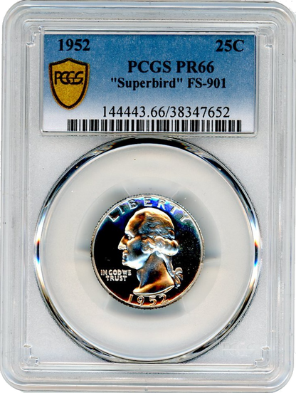 1952 Washington Silver Quarter Philadelphia - FS 901 Superbird  - PCGS PR66
