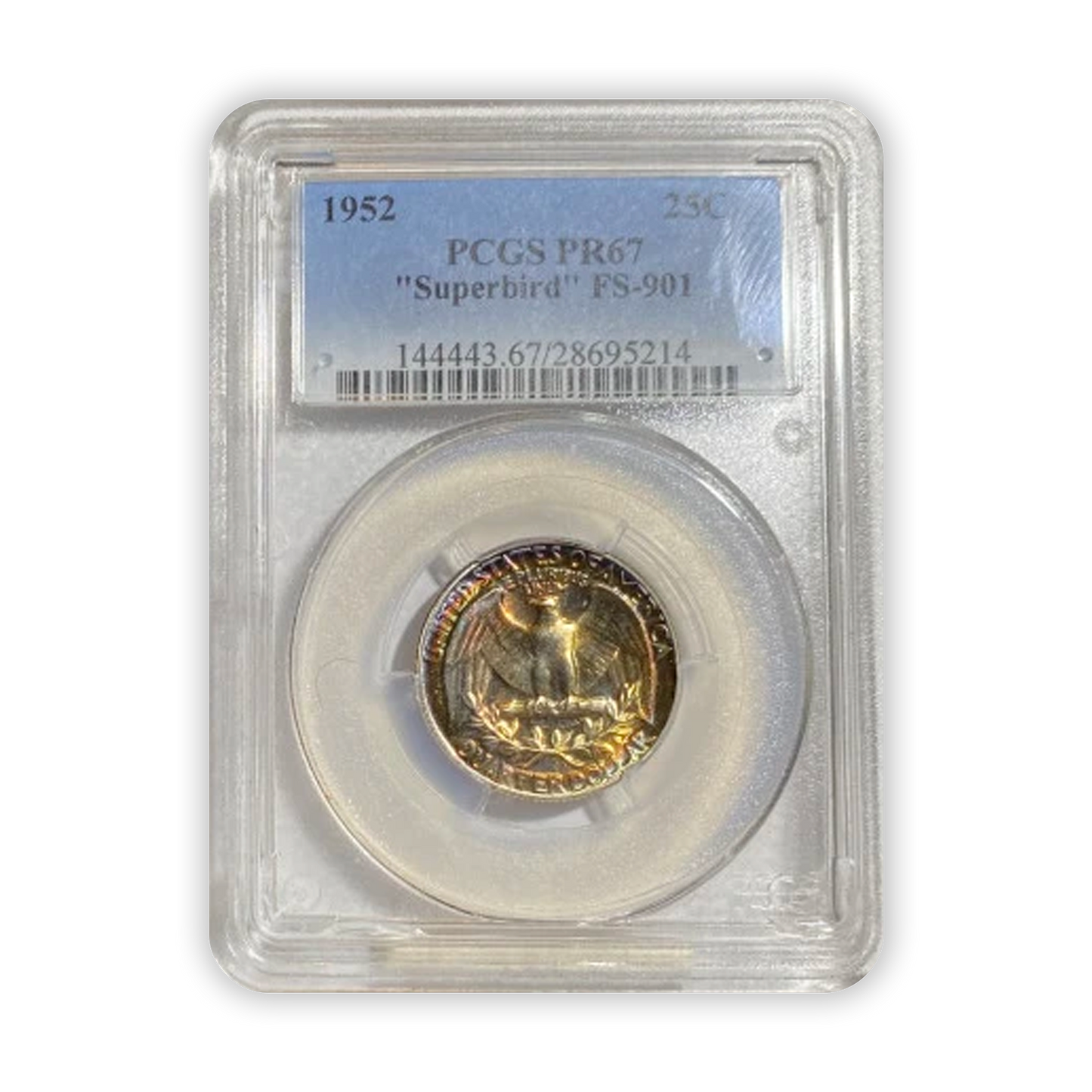 1952 Washington Silver Quarter Philadelphia - FS 901 Superbird  - PCGS PR67 Rainbow Toned