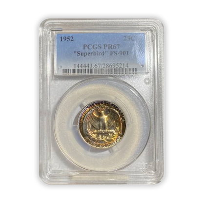 1952 Washington Silver Quarter Philadelphia - FS 901 Superbird  - PCGS PR67 Rainbow Toned