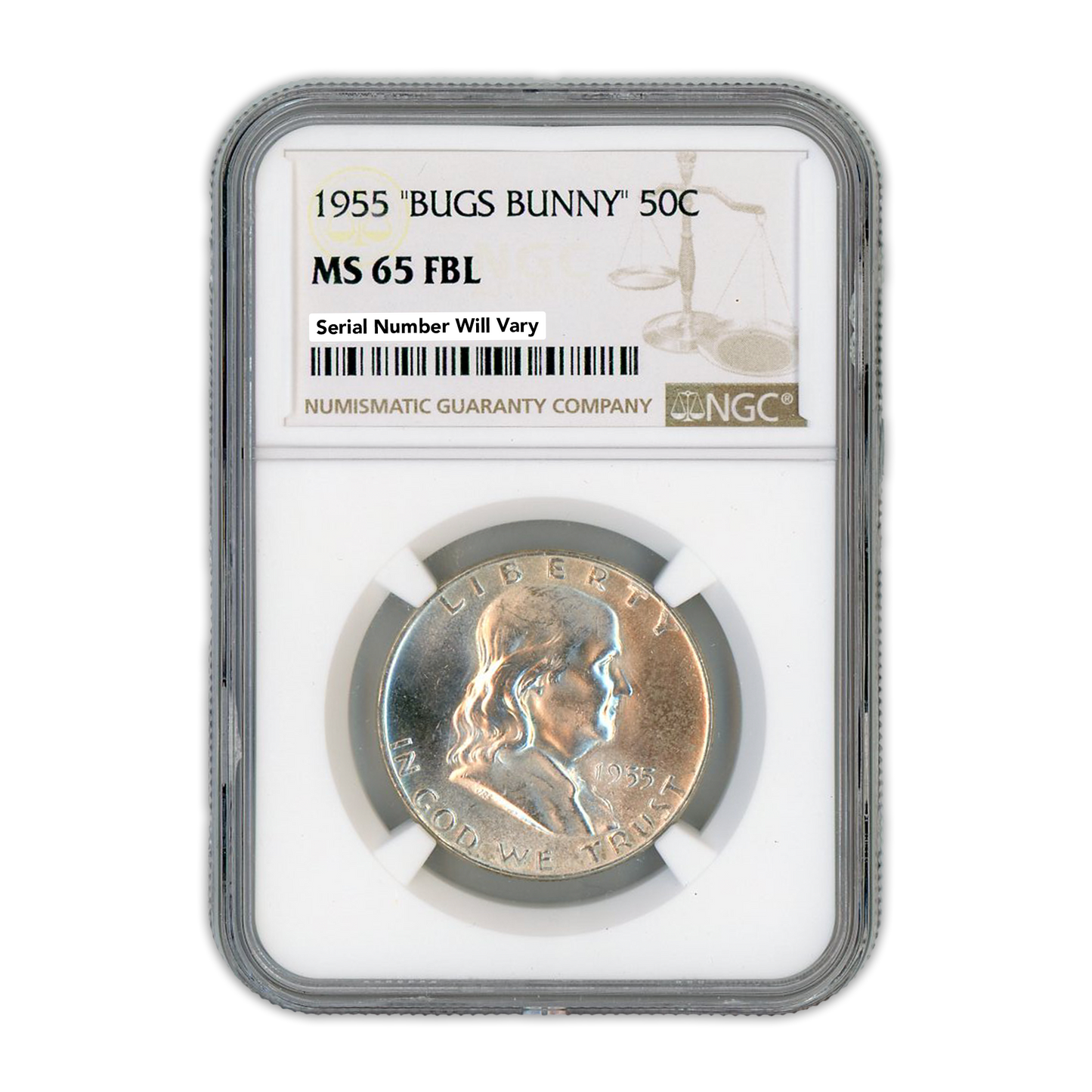 1955 Franklin 90% Silver Half Dollar Philadelphia - Bugs Bunny NGC MS65 FBL