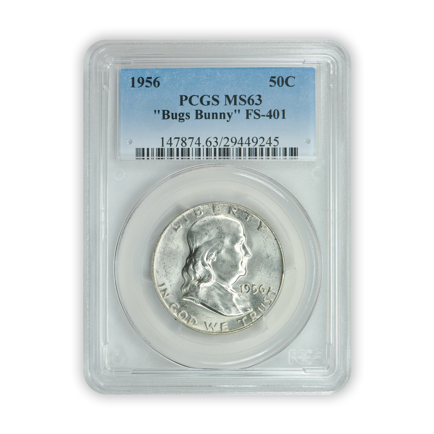1956 Franklin 90% Silver Half Dollar Philadelphia - Bugs Bunny - Certified 63