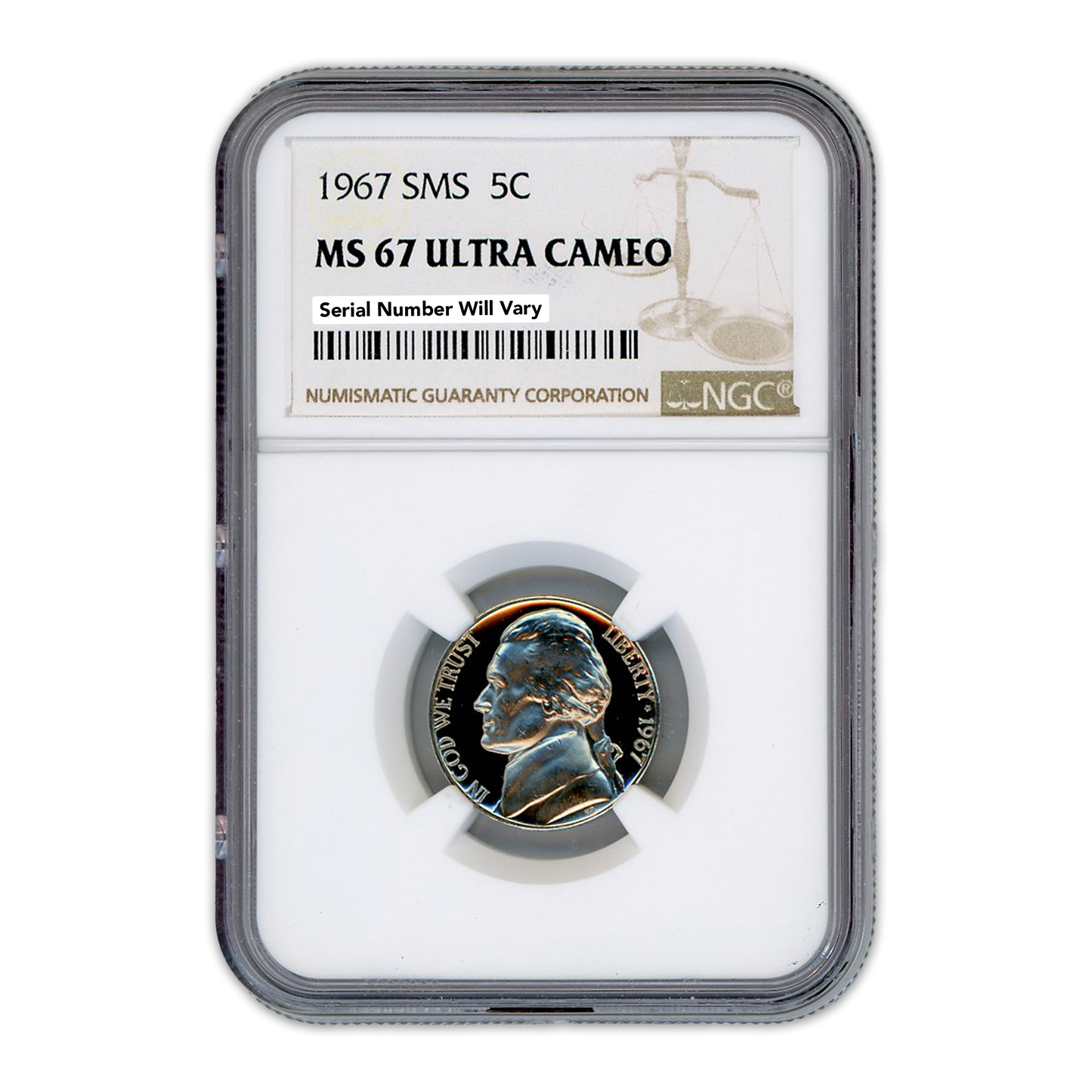 1967 Jefferson Nickel SMS NGC MS67 Ultra Cameo