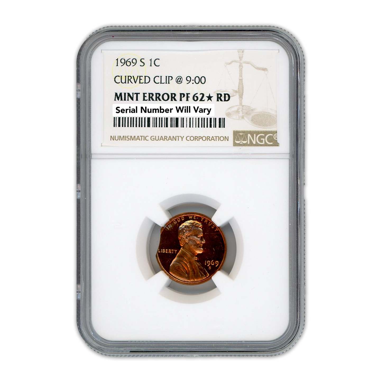 1969 S Lincoln Cent Curved Clip - Mint Error NGC PF62 RD Star