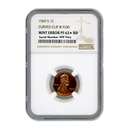 1969 S Lincoln Cent Curved Clip - Mint Error NGC PF62 RD Star